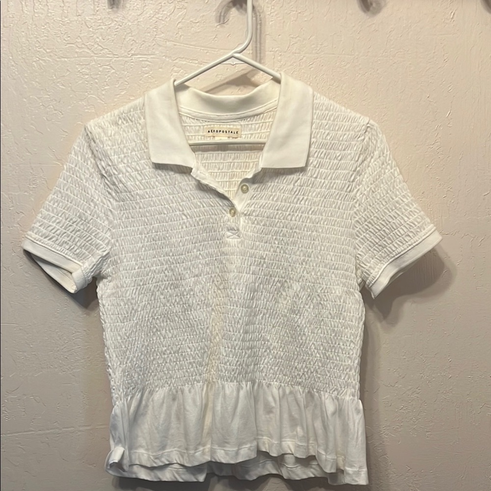 Aeropostale White Smocked Button Down Shirt